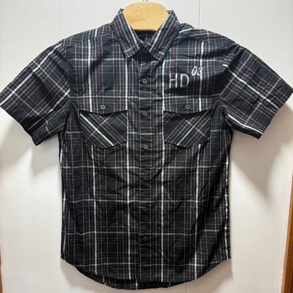 Harley-Davidson Mens Black Plaid Eagle Graphic Short Sleeve Button Up Shirt M